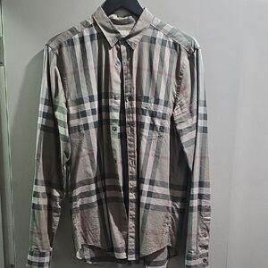 Burberry Beige and Gray Plaid Button Down Shirt